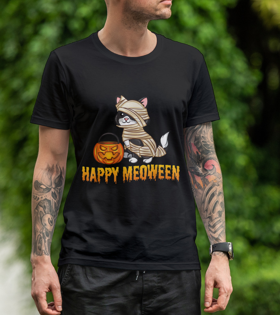 Happy Meoween Cute Cat Mummy With Pumpkin T-Shirt