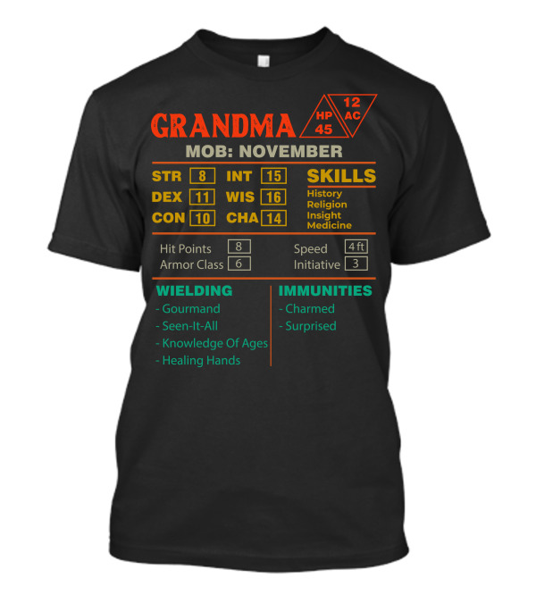 Grandma Stats Character Skills November MOB RPG Sheet T-Shirt