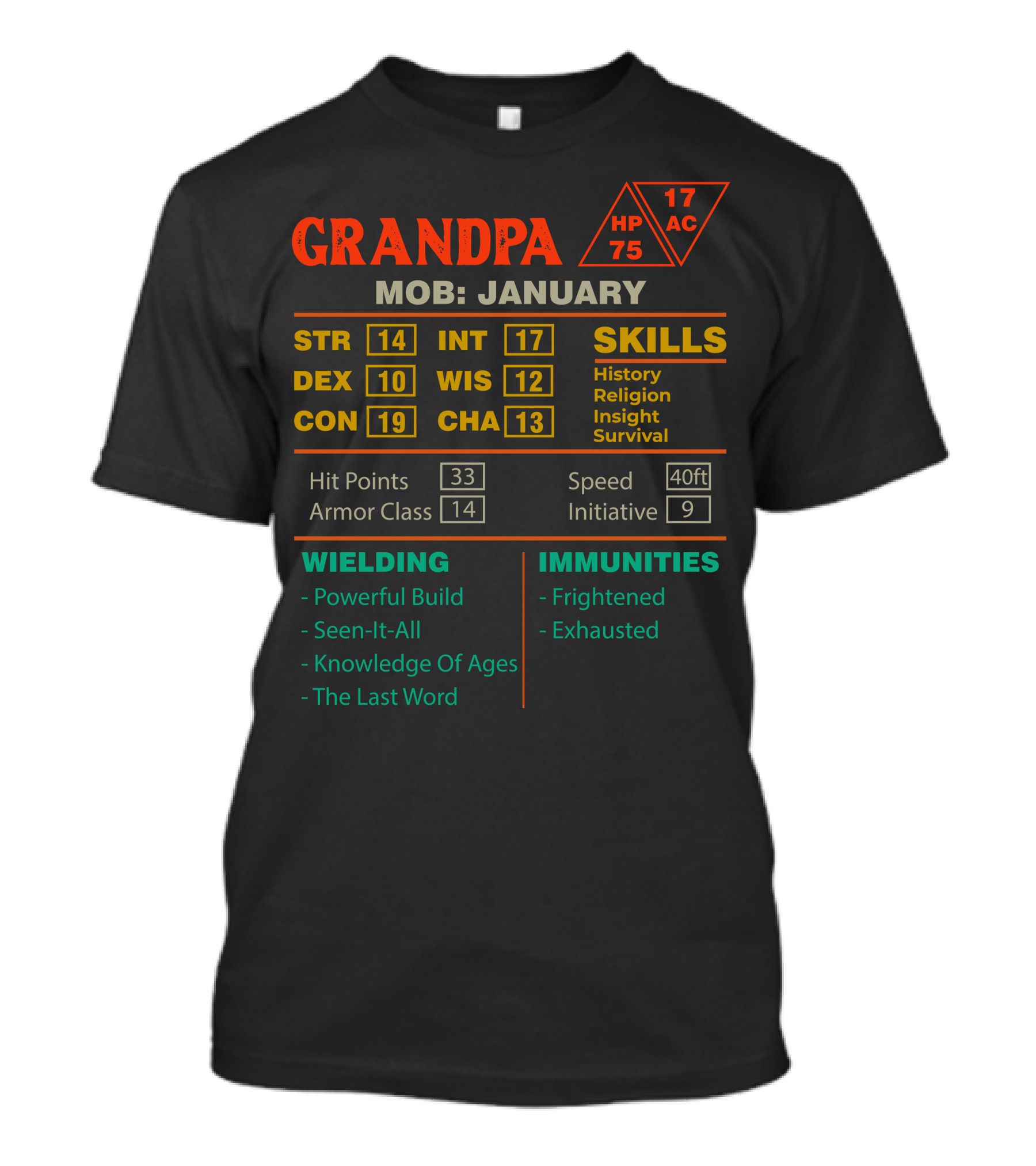 GRANDPA Stats Character Sheet For January STR DEX CON INT WIS CHA MOB Skills Wielding Immunities T-Shirt