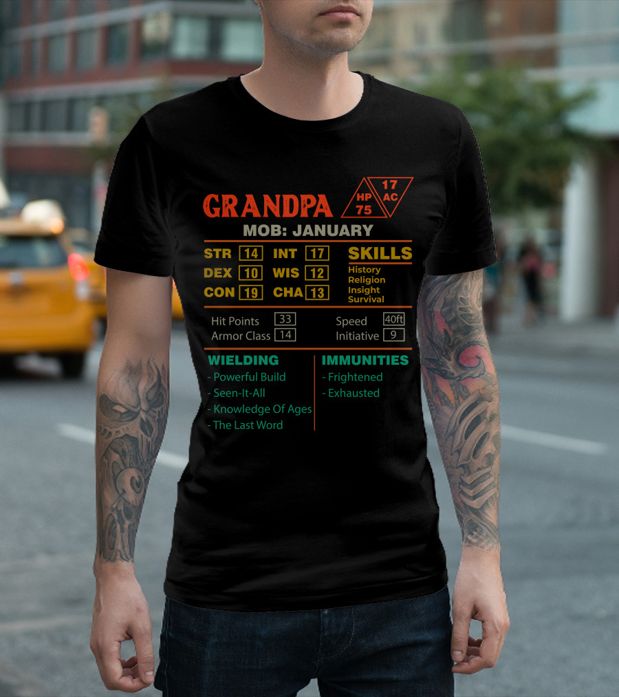 GRANDPA Stats Character Sheet for January STR DEX CON INT WIS CHA MOB Skills Wielding Immunities T-Shirt