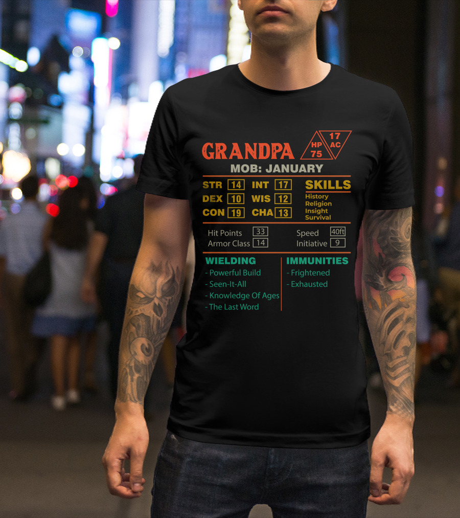 GRANDPA Stats Character Sheet For January STR DEX CON INT WIS CHA MOB Skills Wielding Immunities T-Shirt