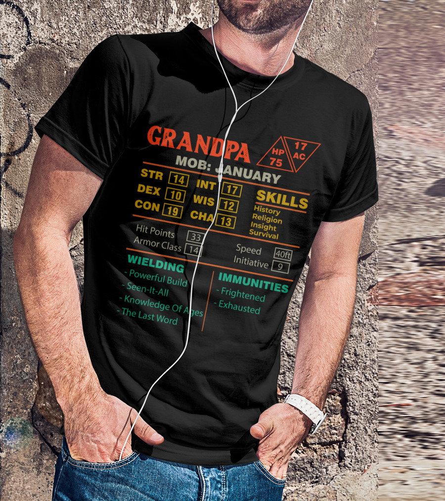 GRANDPA Stats Character Sheet For January STR DEX CON INT WIS CHA MOB Skills Wielding Immunities T-Shirt