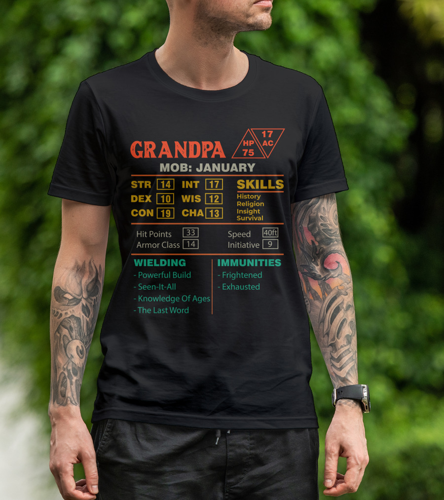 GRANDPA Stats Character Sheet For January STR DEX CON INT WIS CHA MOB Skills Wielding Immunities T-Shirt