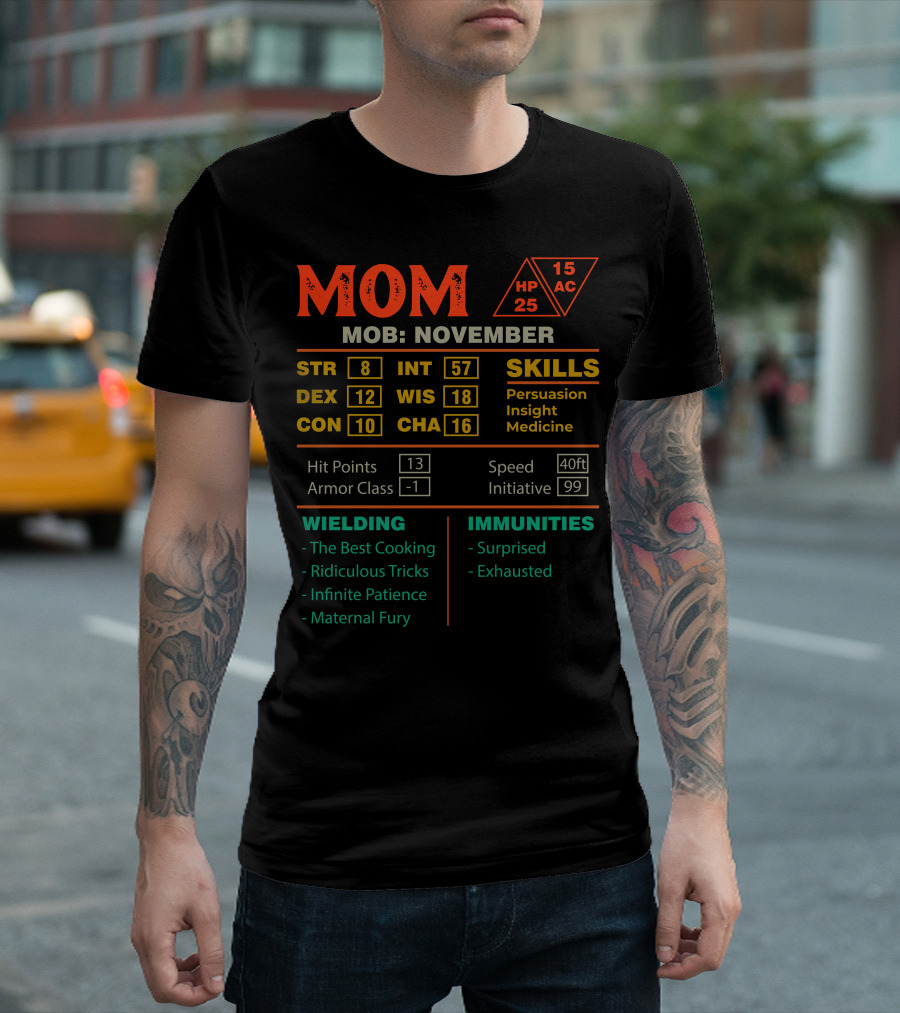 Mom Character Stats Sheet November MOB Skills and Abilities T-Shirt