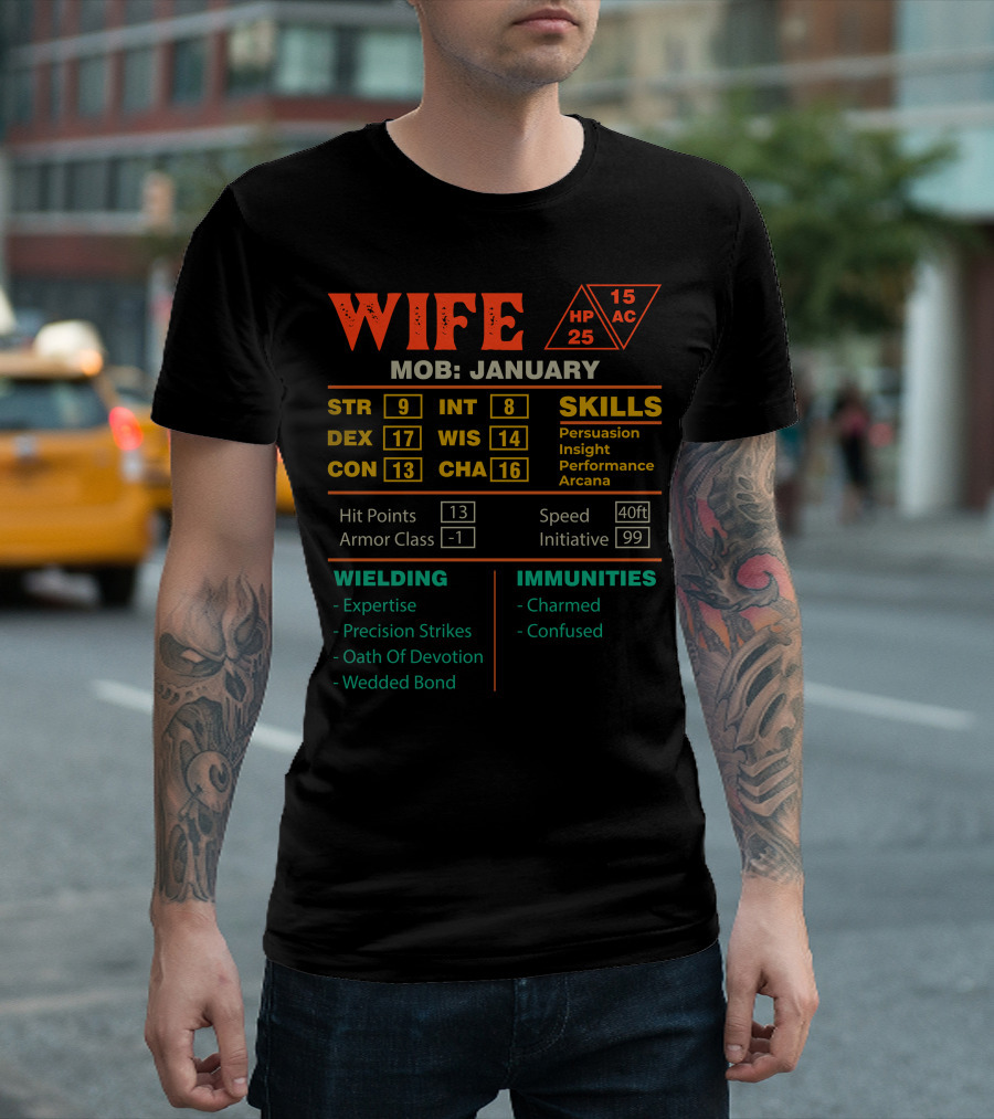 Wife Stats Character Sheet January Mob Skills Hit Points Armor Class Immunities Wielding T-Shirt