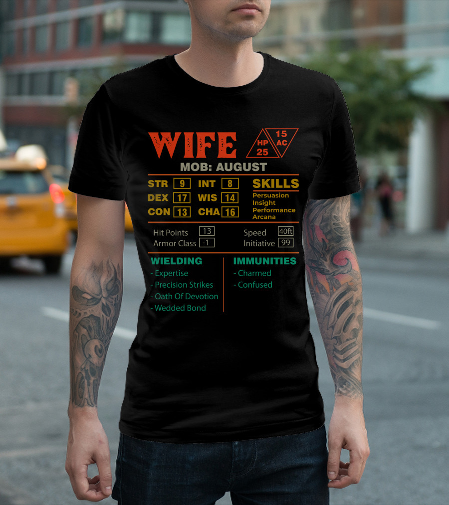 Wife Stats Character Sheet MOB August Skills Hit Points Armor Class Wielding Immunities T-Shirt