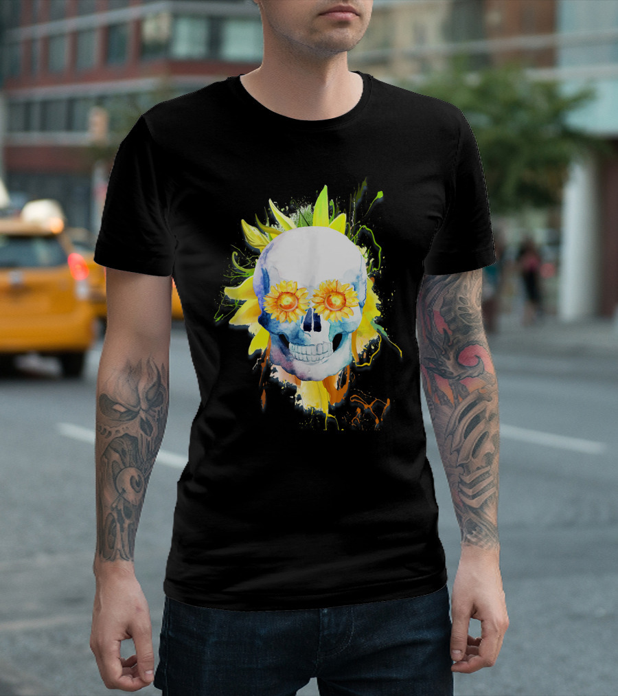 Dia De Los Muertos Halloween Sunflower Skull With Colorful Explosion Background T-Shirt