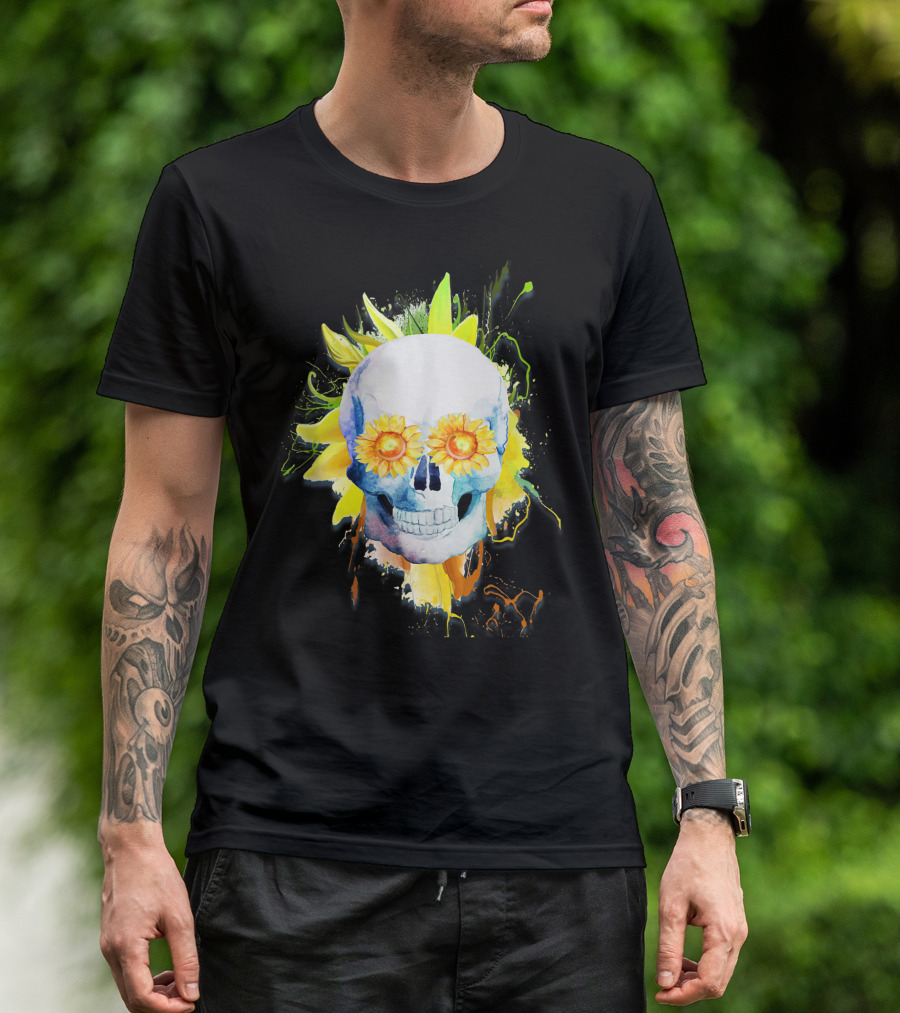 Dia De Los Muertos Halloween Sunflower Skull With Colorful Explosion Background T-Shirt
