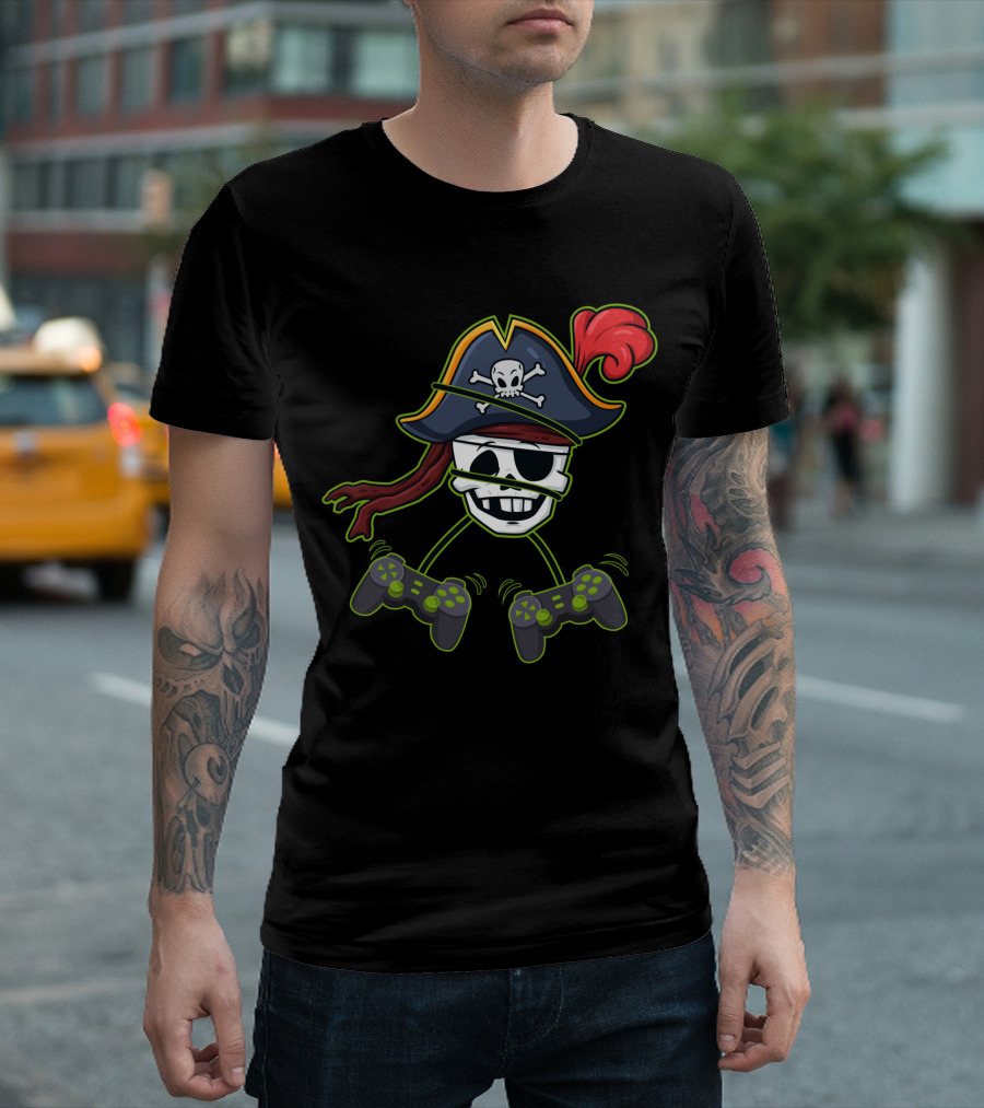 Halloween Pirate Skeleton Video Gamer Controllers Playful Skull Hat T-Shirt