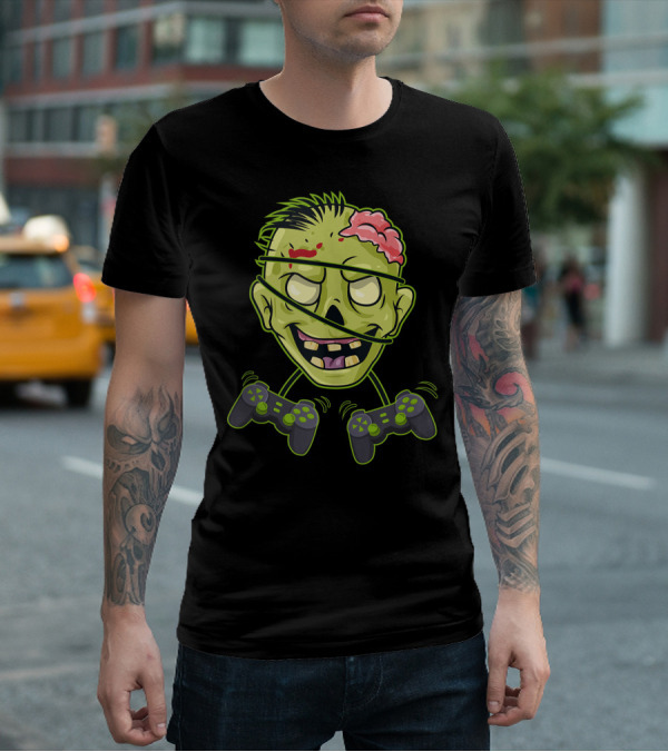 Halloween Zombie Gamer Controller Head With Split Expression T-Shirt