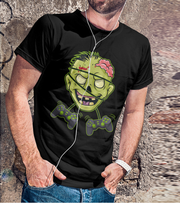 Halloween Zombie Gamer Controller Head With Split Expression T-Shirt