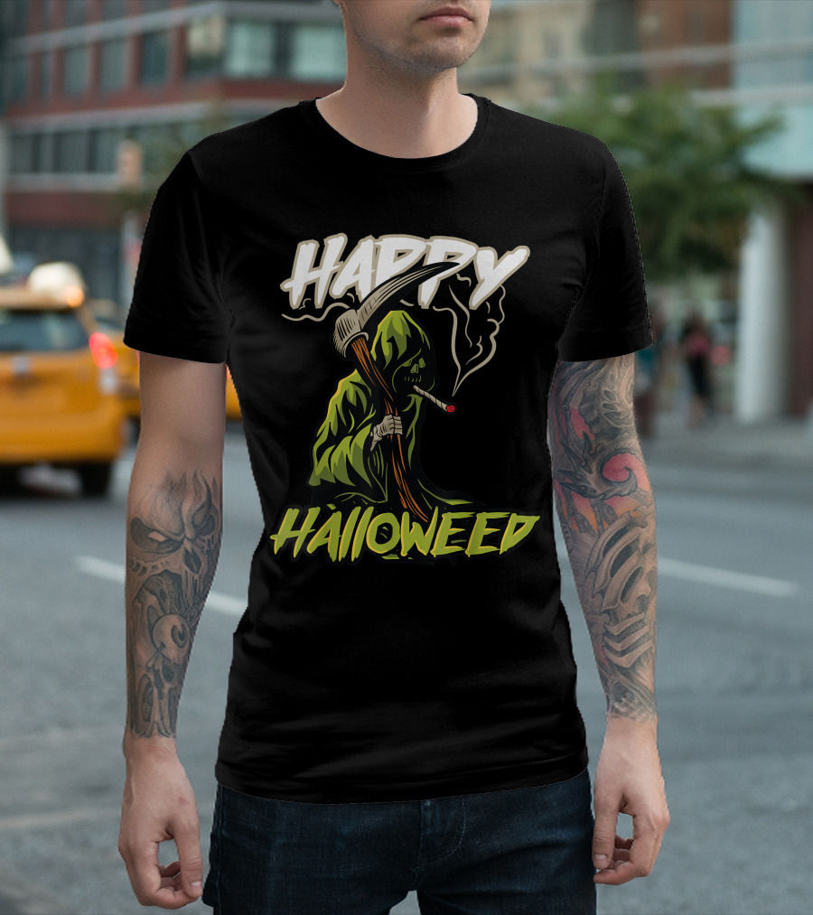 Happy Halloweed Grim Reaper Smoking Weed Cannabis T-Shirt