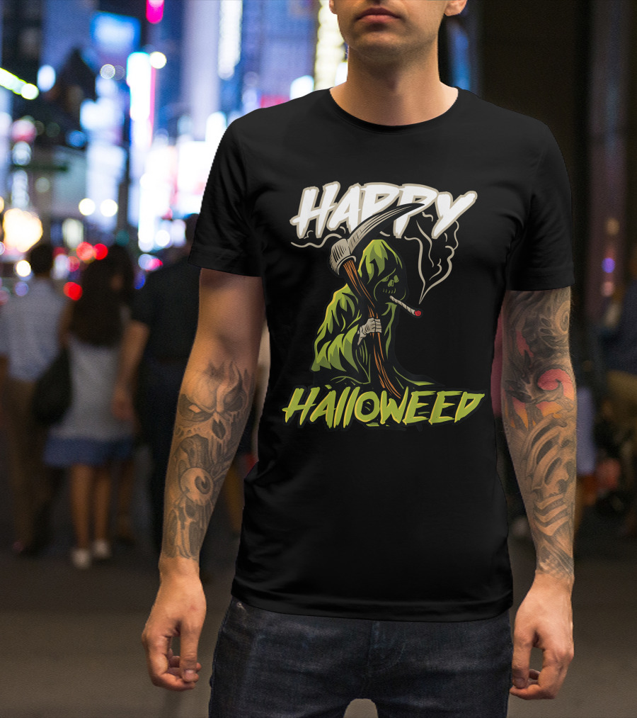 Happy Halloweed Grim Reaper Smoking Weed Cannabis T-Shirt