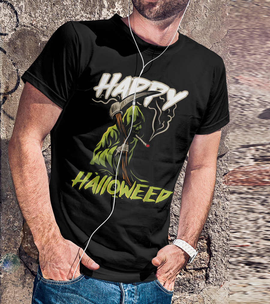 Happy Halloweed Grim Reaper Smoking Weed Cannabis T-Shirt