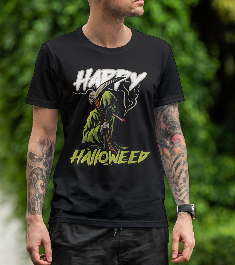 Happy Halloweed Grim Reaper Smoking Weed Cannabis T-Shirt