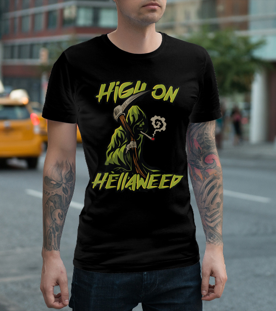 High On Hellaweed Grim Reaper Smoking Weed THC CBD T-Shirt
