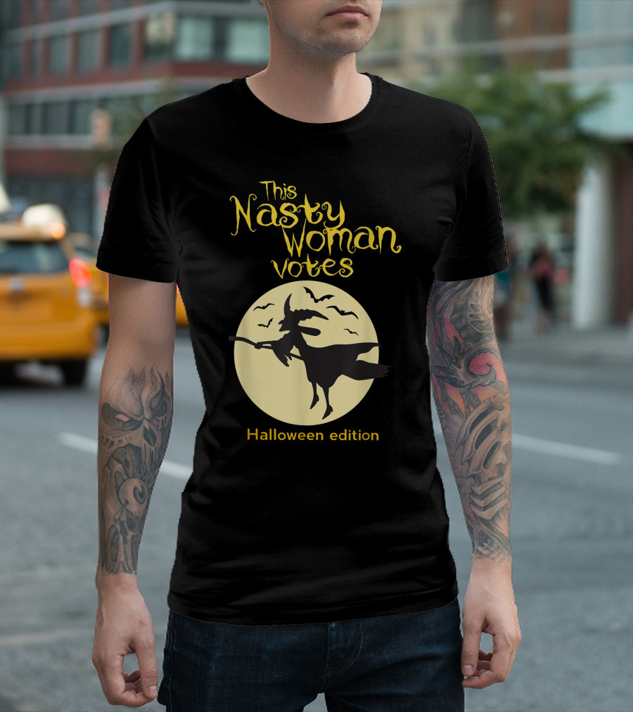 This Nasty Woman Votes Halloween Edition Feminism Witch And Bats Moon T-Shirt