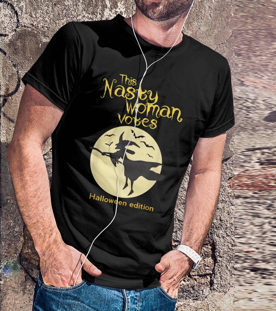 This Nasty Woman Votes Halloween Edition Feminism Witch And Bats Moon T-Shirt