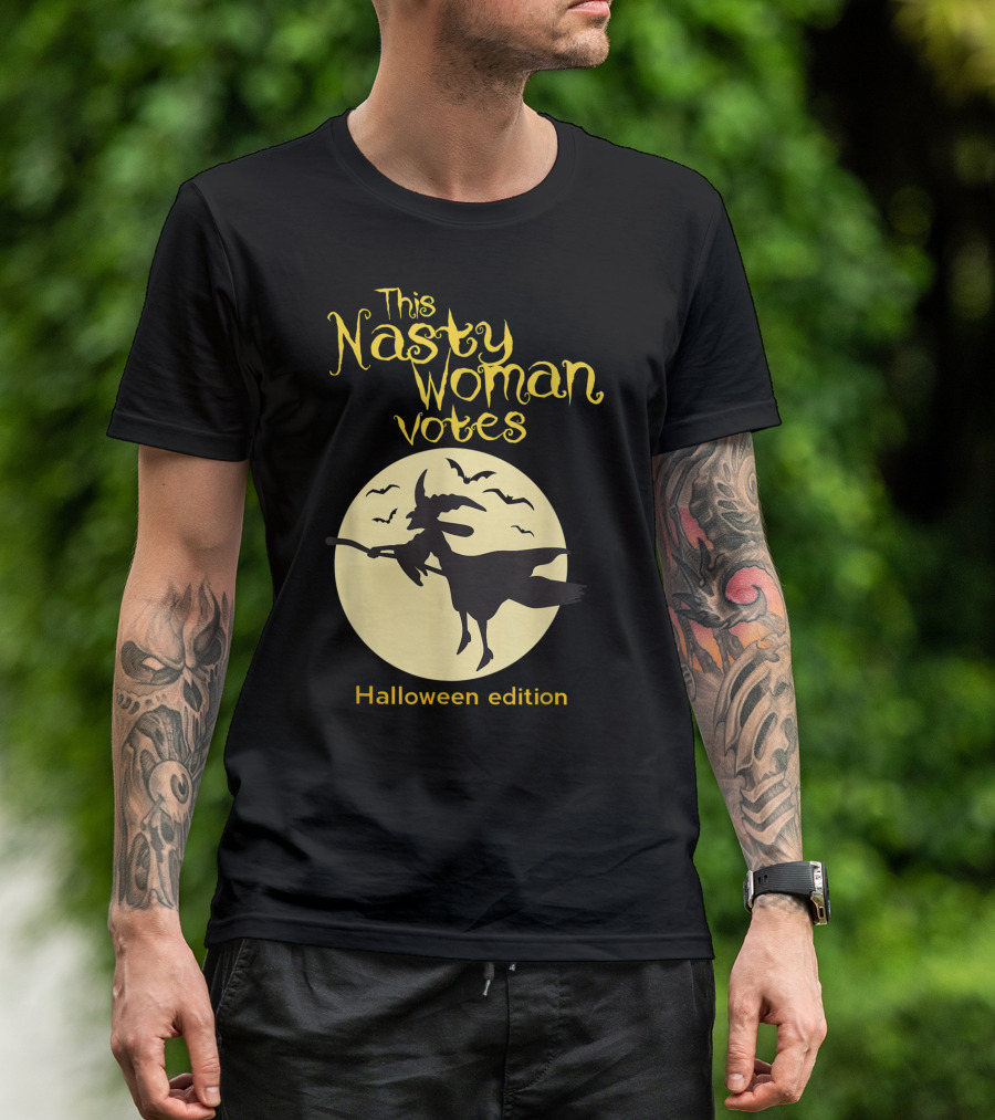 This Nasty Woman Votes Halloween Edition Feminism Witch And Bats Moon T-Shirt