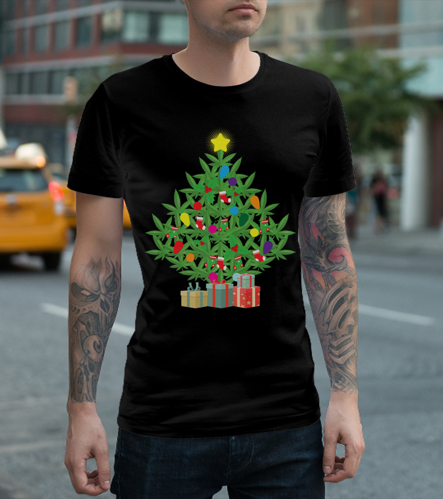 Cannabis Leaf Christmas Tree with Star and Colorful Holiday Lights T-Shirt