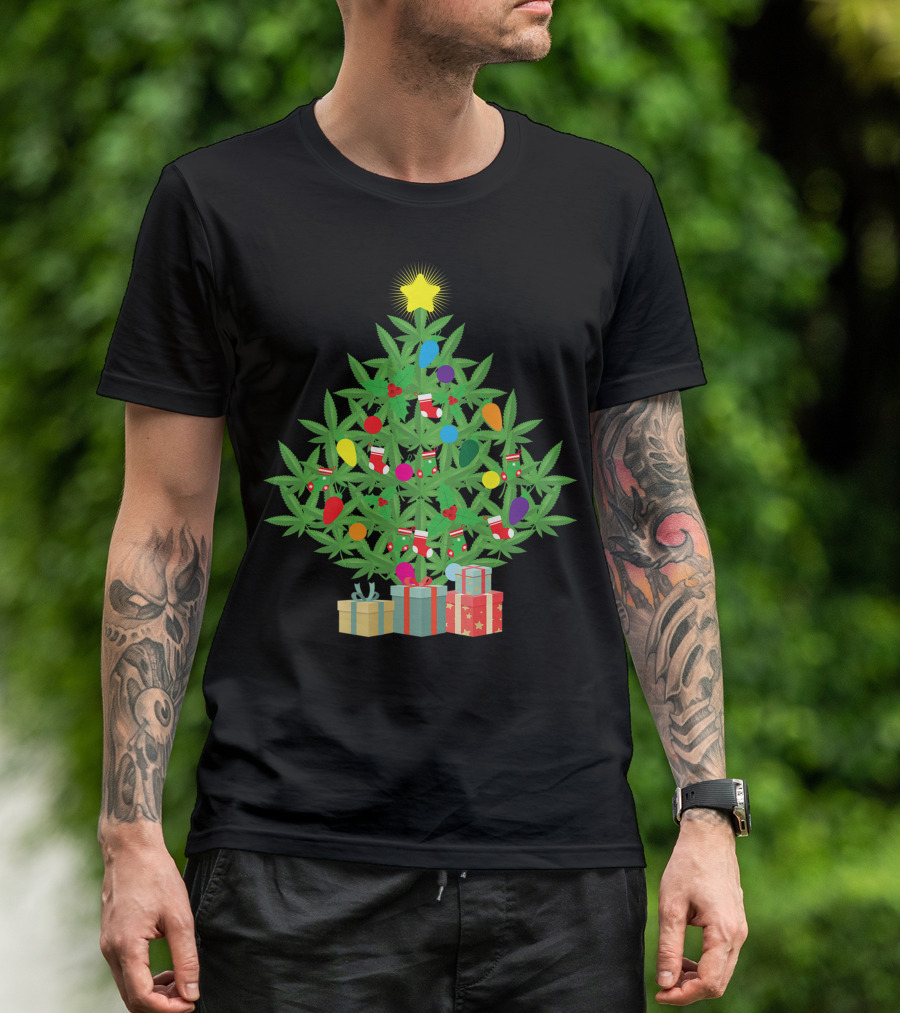 Cannabis Leaf Christmas Tree With Star And Colorful Holiday Lights T-Shirt