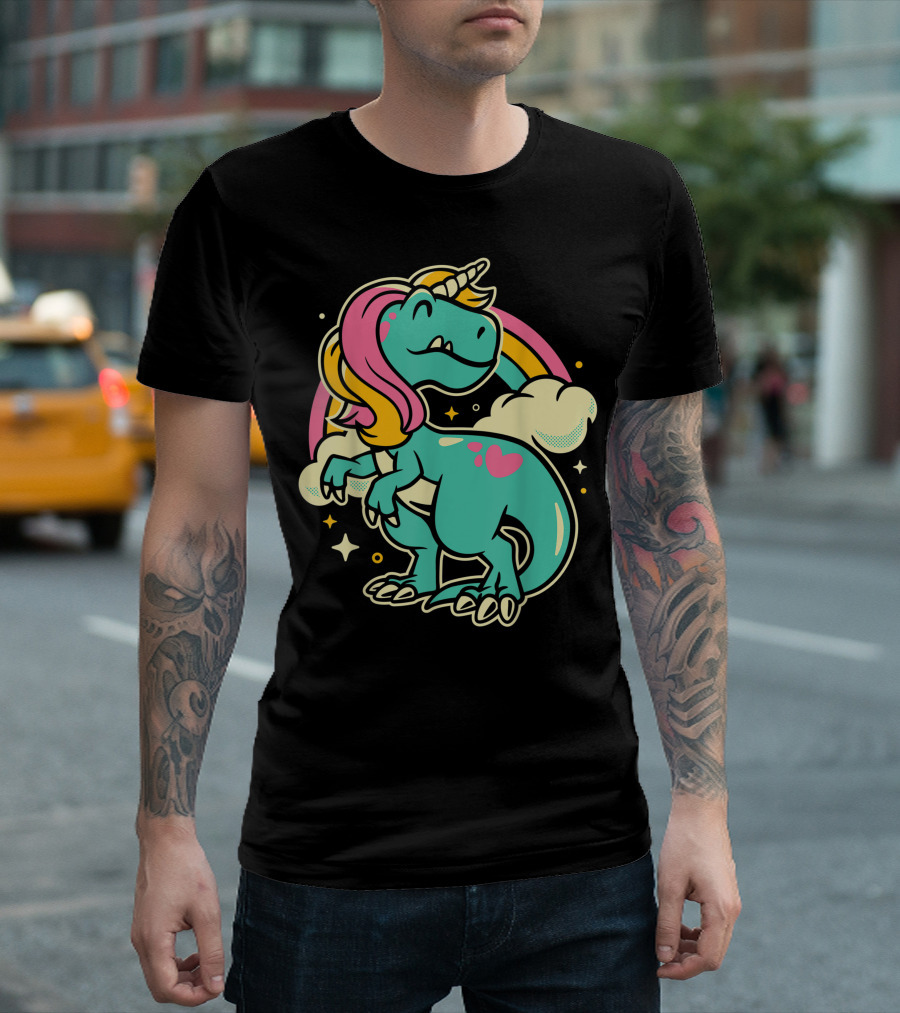 Majestic Unicornasaurus Rex Rainbow Dinosaur with Pink Heart T-Shirt