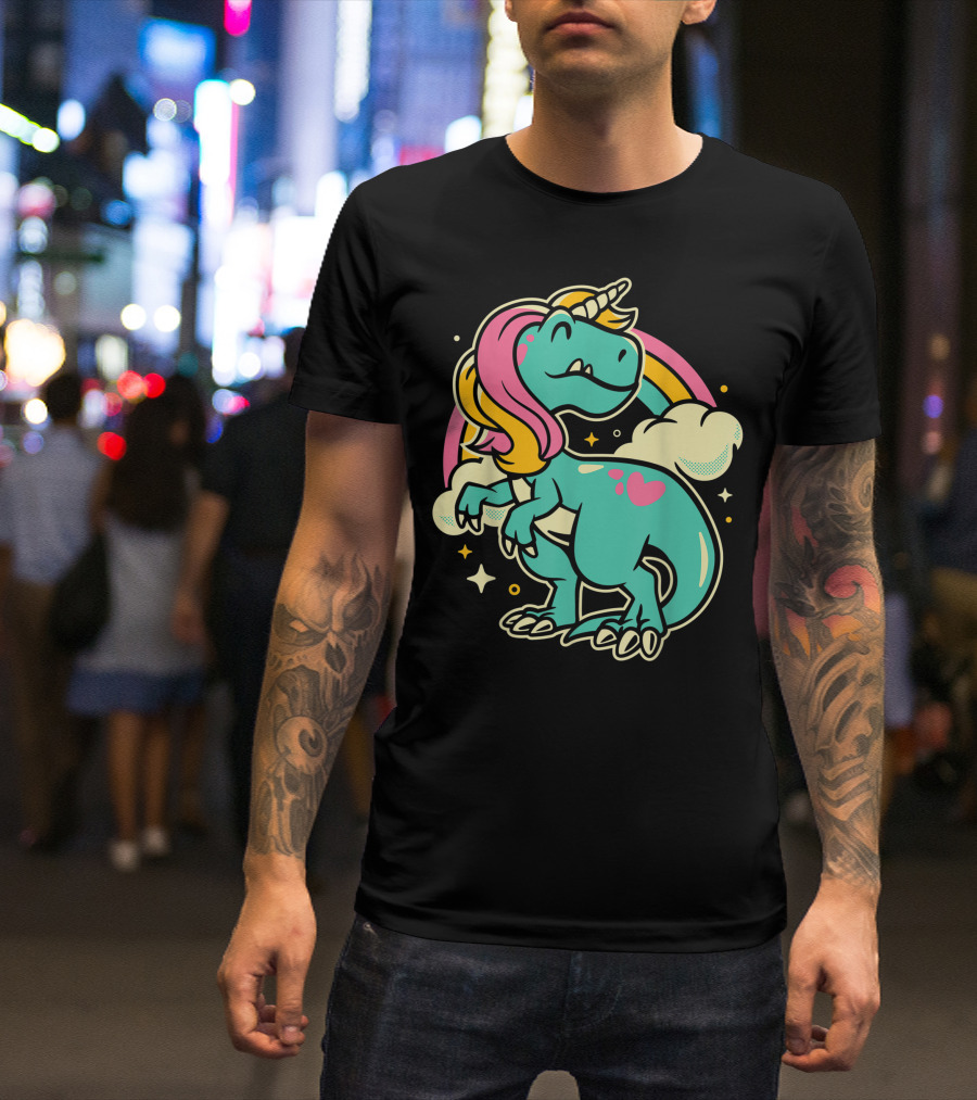 Majestic Unicornasaurus Rex Rainbow Dinosaur With Pink Heart T-Shirt