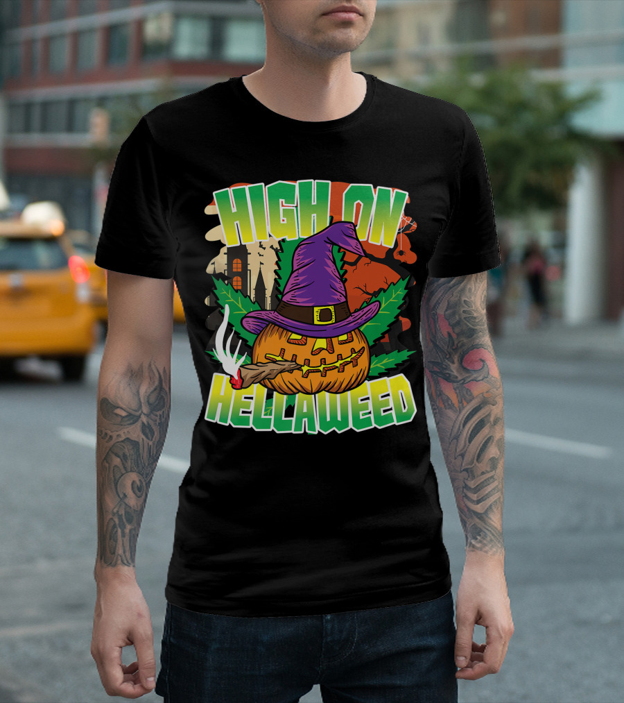 High On Hellaweed Pumpkin Smoking Weed THC Halloween Stoner T-Shirt