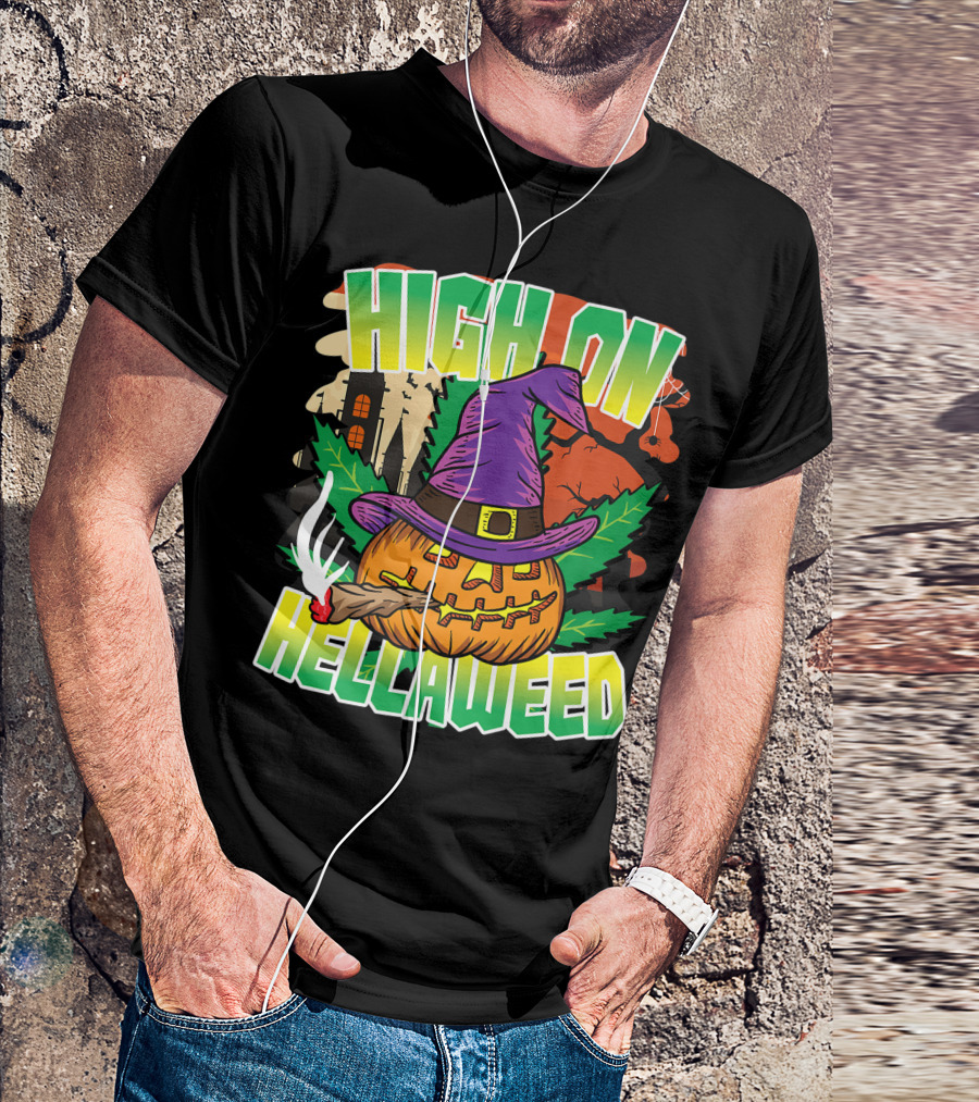 High On Hellaweed Pumpkin Smoking Weed THC Halloween Stoner T-Shirt