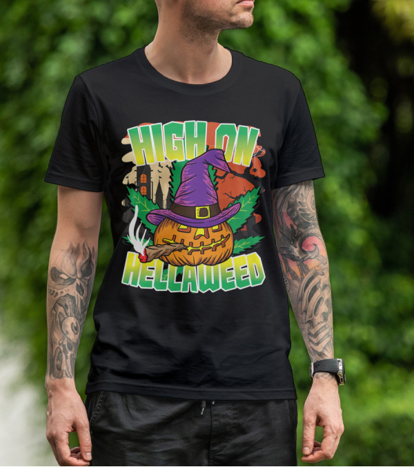 High On Hellaweed Pumpkin Smoking Weed THC Halloween Stoner T-Shirt