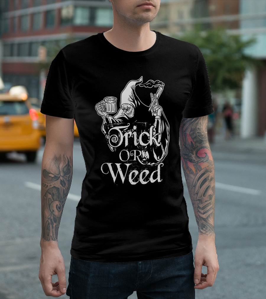 Trick or Weed Skeleton Grim Reaper Smoking Ganja T-Shirt