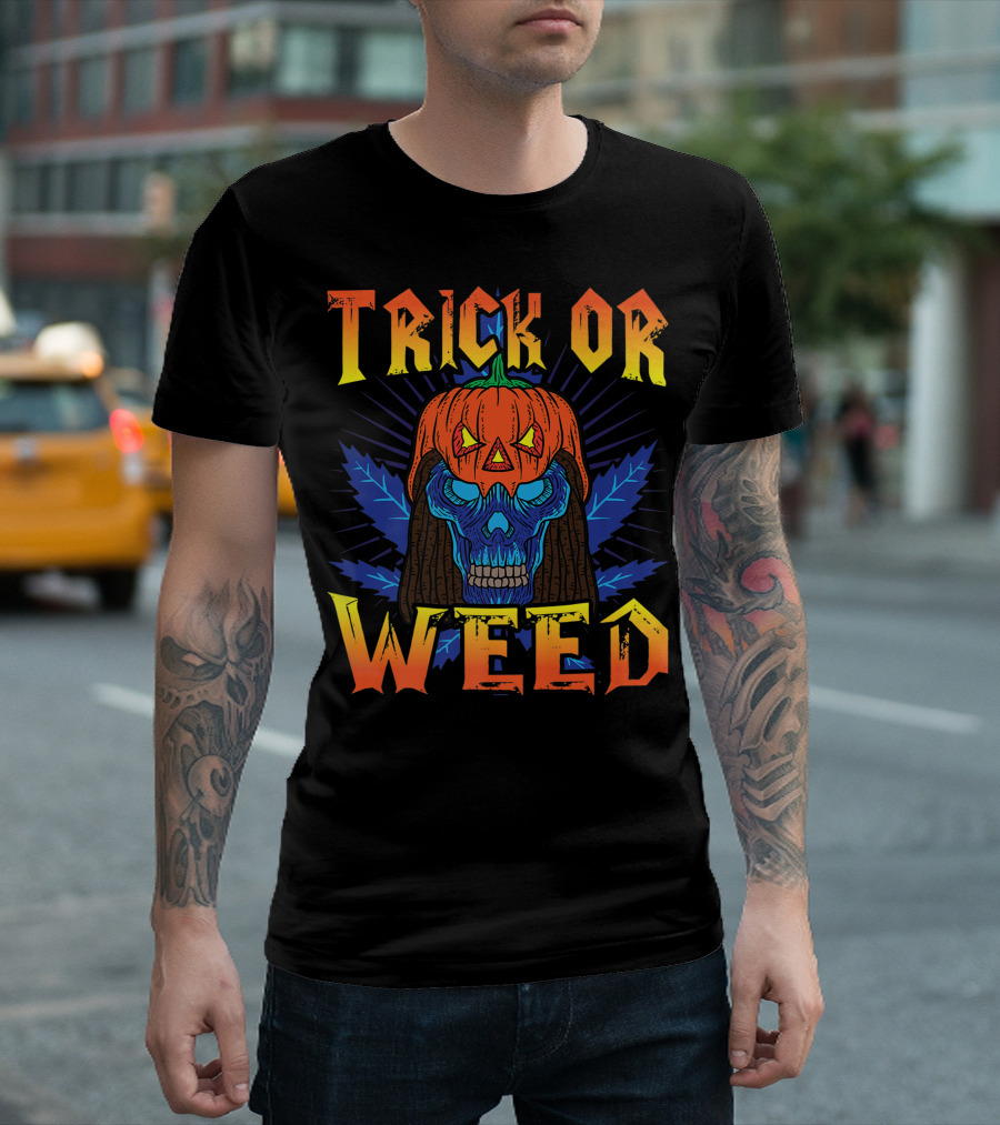Trick Or Weed Pumpkin Skull Smoking Cannabis THC Halloween Stoner T-Shirt