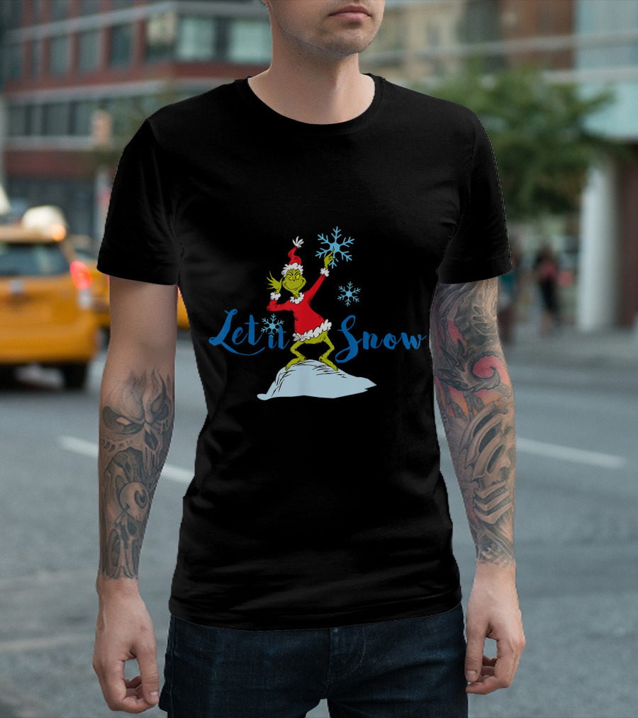 Grinch In Santa Outfit Holding Snowflakes Let It Snow T-Shirt