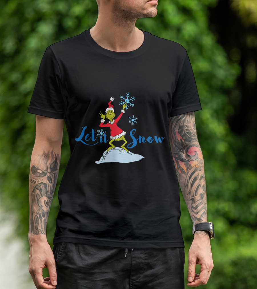 Grinch In Santa Outfit Holding Snowflakes Let It Snow T-Shirt