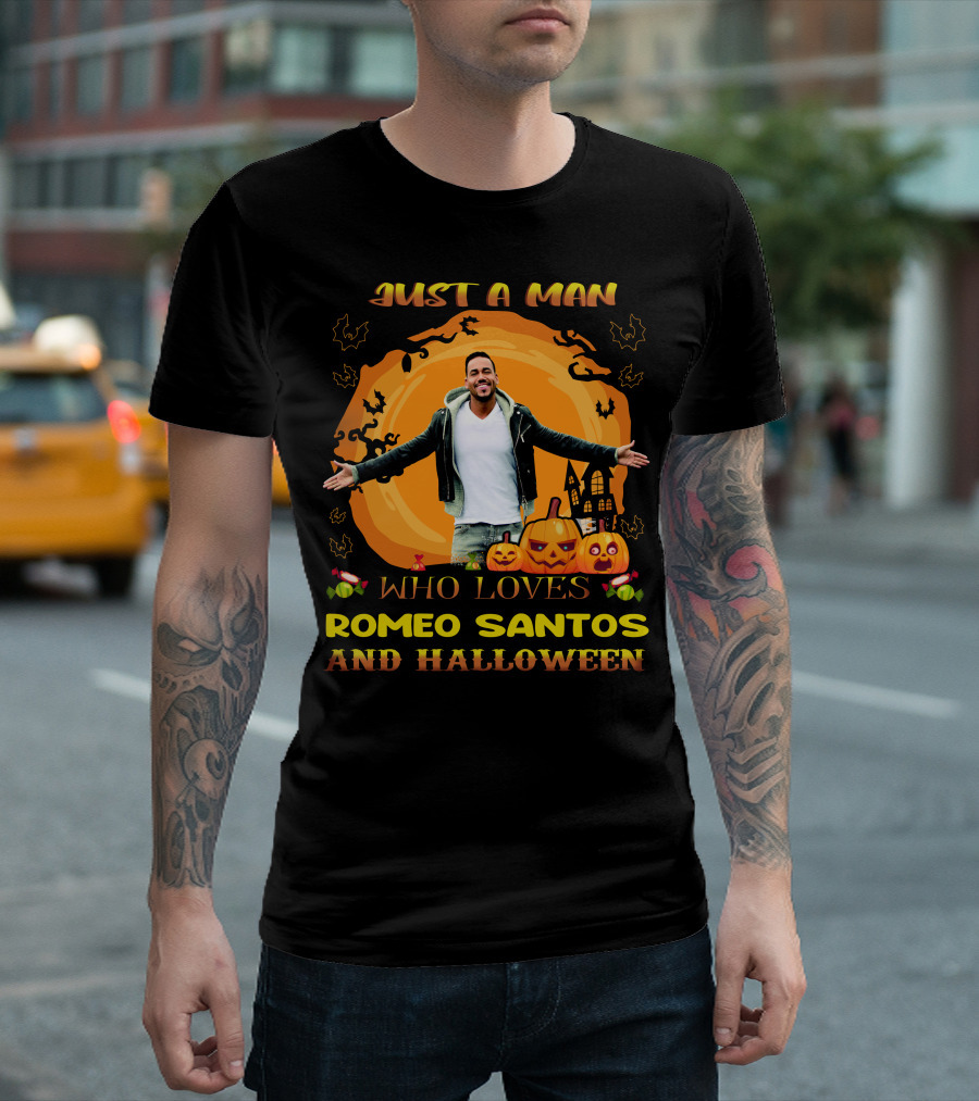 Just A Man Who Loves Romeo Santos And Halloween With Pumpkins and Haunted House T-Shirt