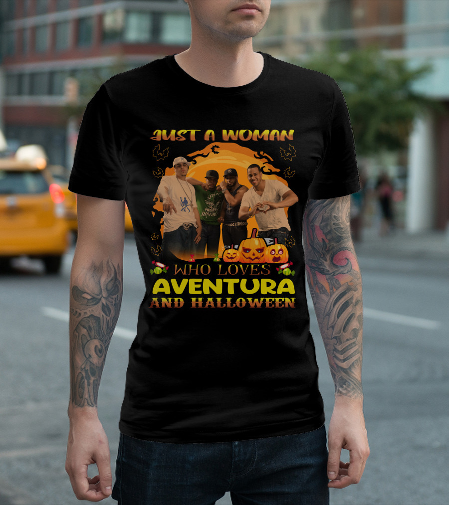Just A Woman Who Loves Aventura And Halloween Pumpkins Bats T-Shirt