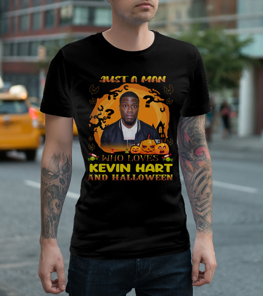Just A Man Who Loves Kevin Hart And Halloween With Pumpkins and Bats T-Shirt