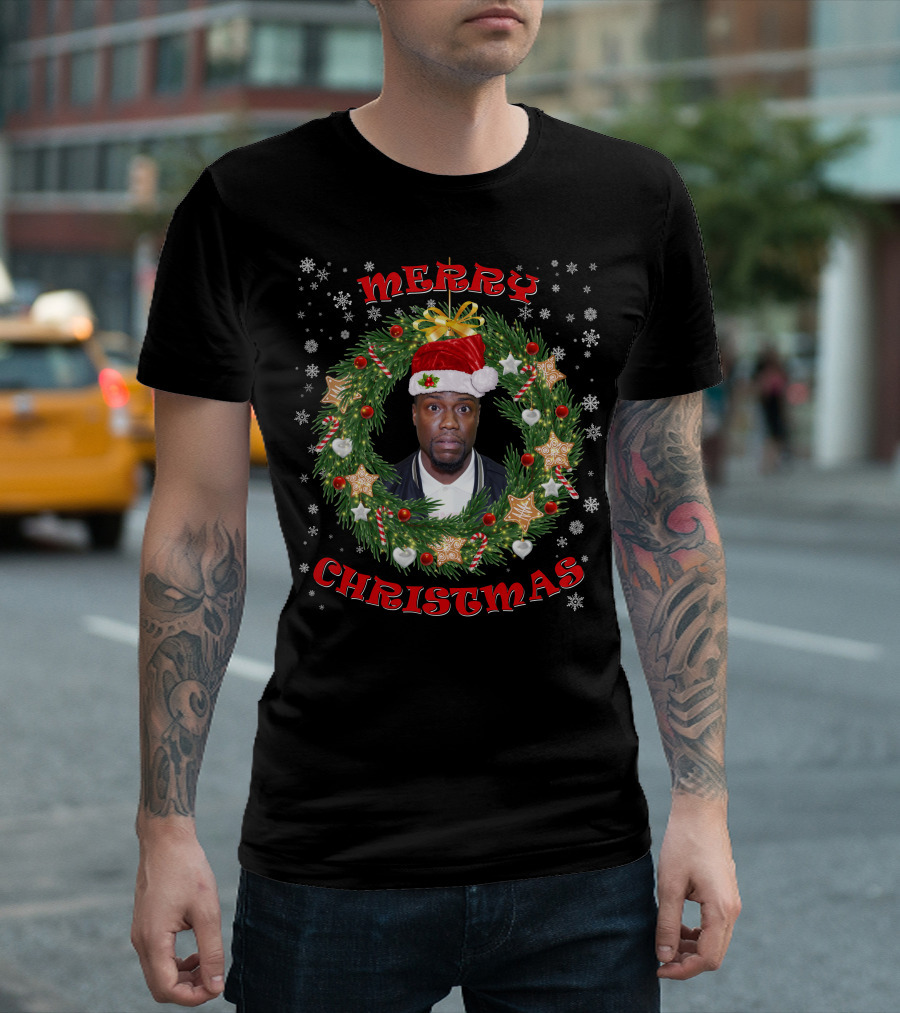 Merry Christmas Kevin Hart Santa Hat Christmas Wreath T-Shirt