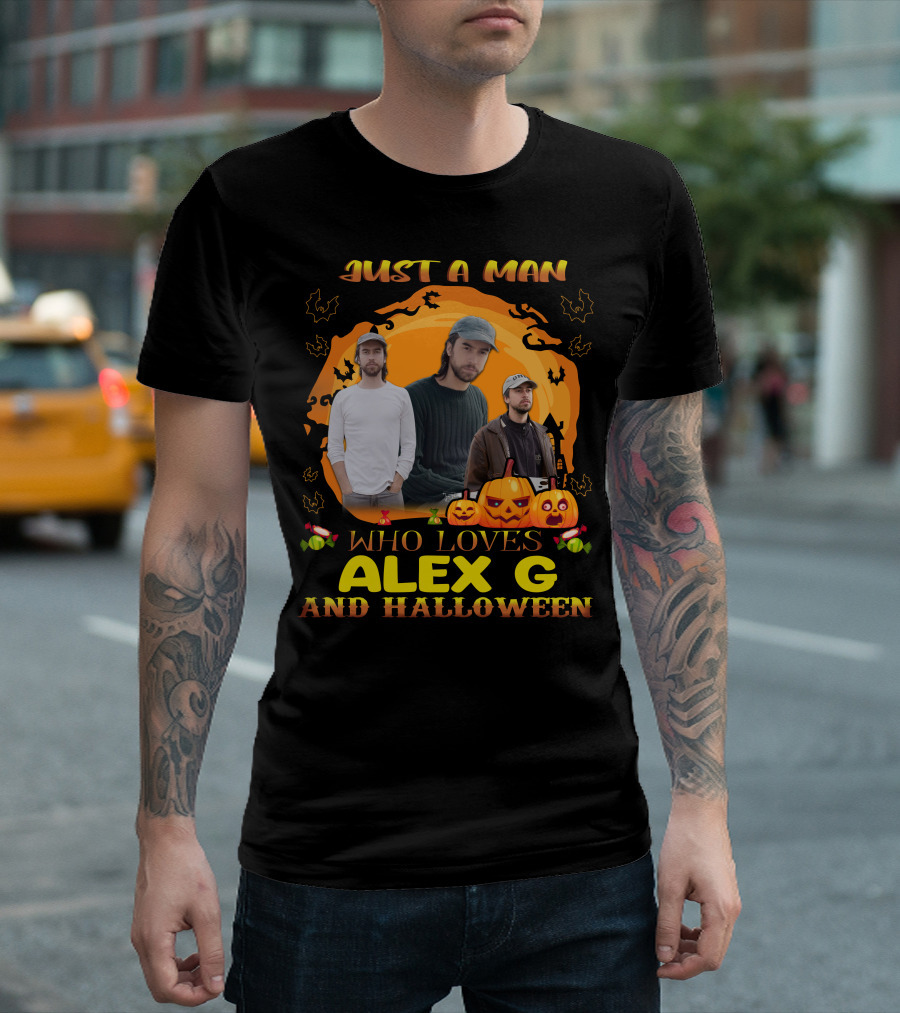 Just A Man Who Loves Alex G And Halloween Pumpkin Candy Bats Scene T-Shirt