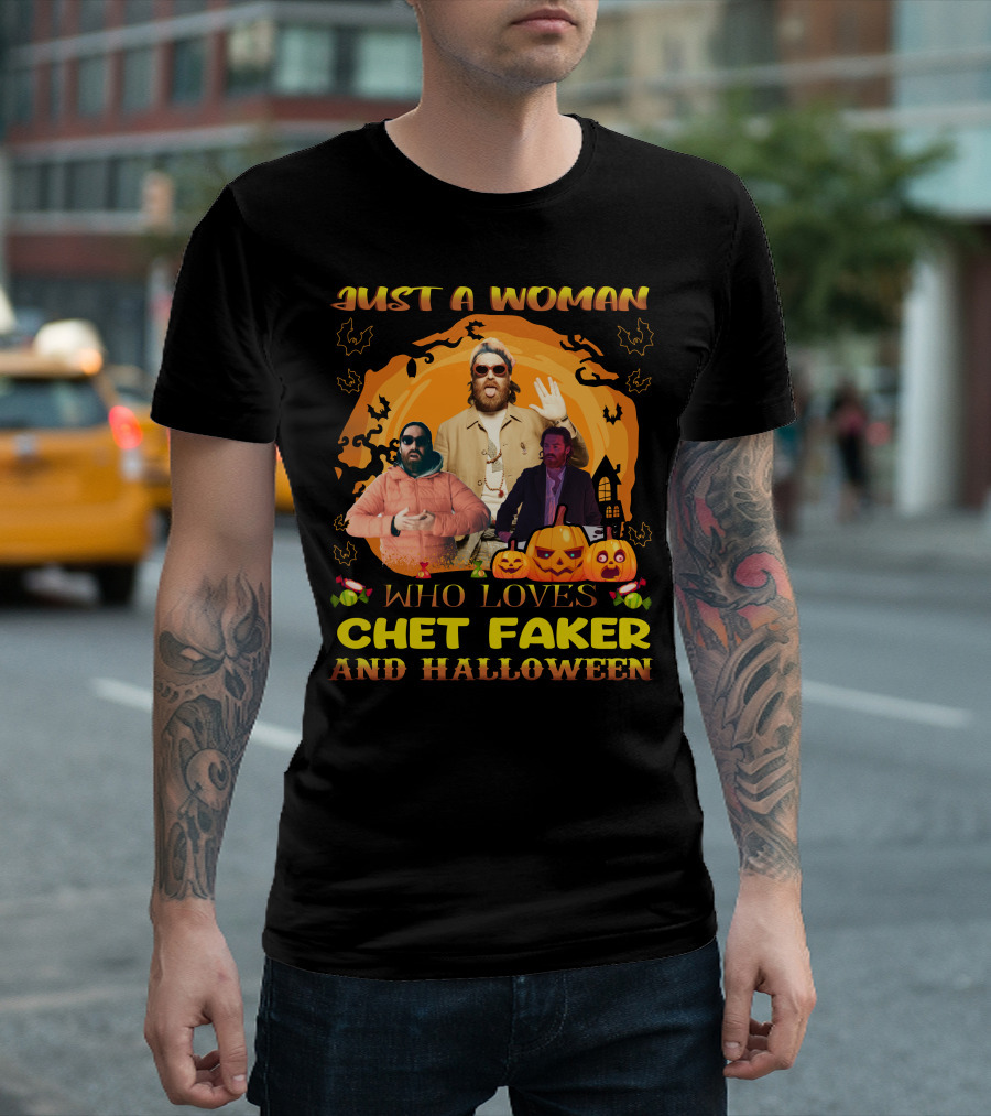 Just A Woman Who Loves Chet Faker and Halloween with Pumpkins and Bats T-Shirt