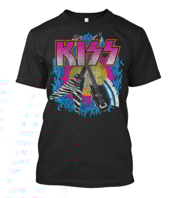 KISS Young Wasted Zebra Stripe Flying V And Bass With Flaming Background T-Shirt