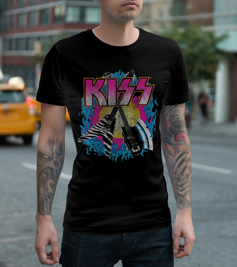 KISS Young Wasted Zebra Stripe Flying V and Bass with Flaming Background T-Shirt