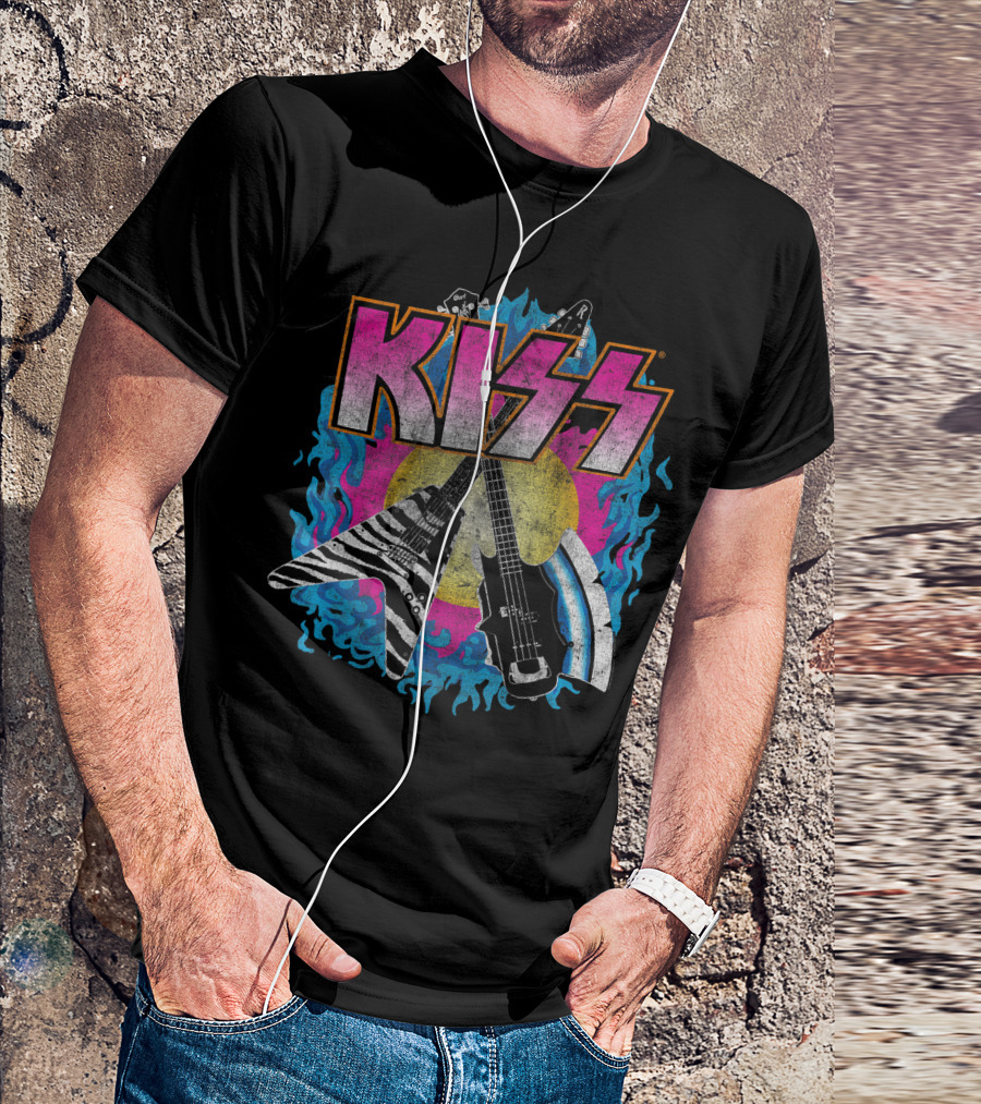 KISS Young Wasted Zebra Stripe Flying V And Bass With Flaming Background T-Shirt