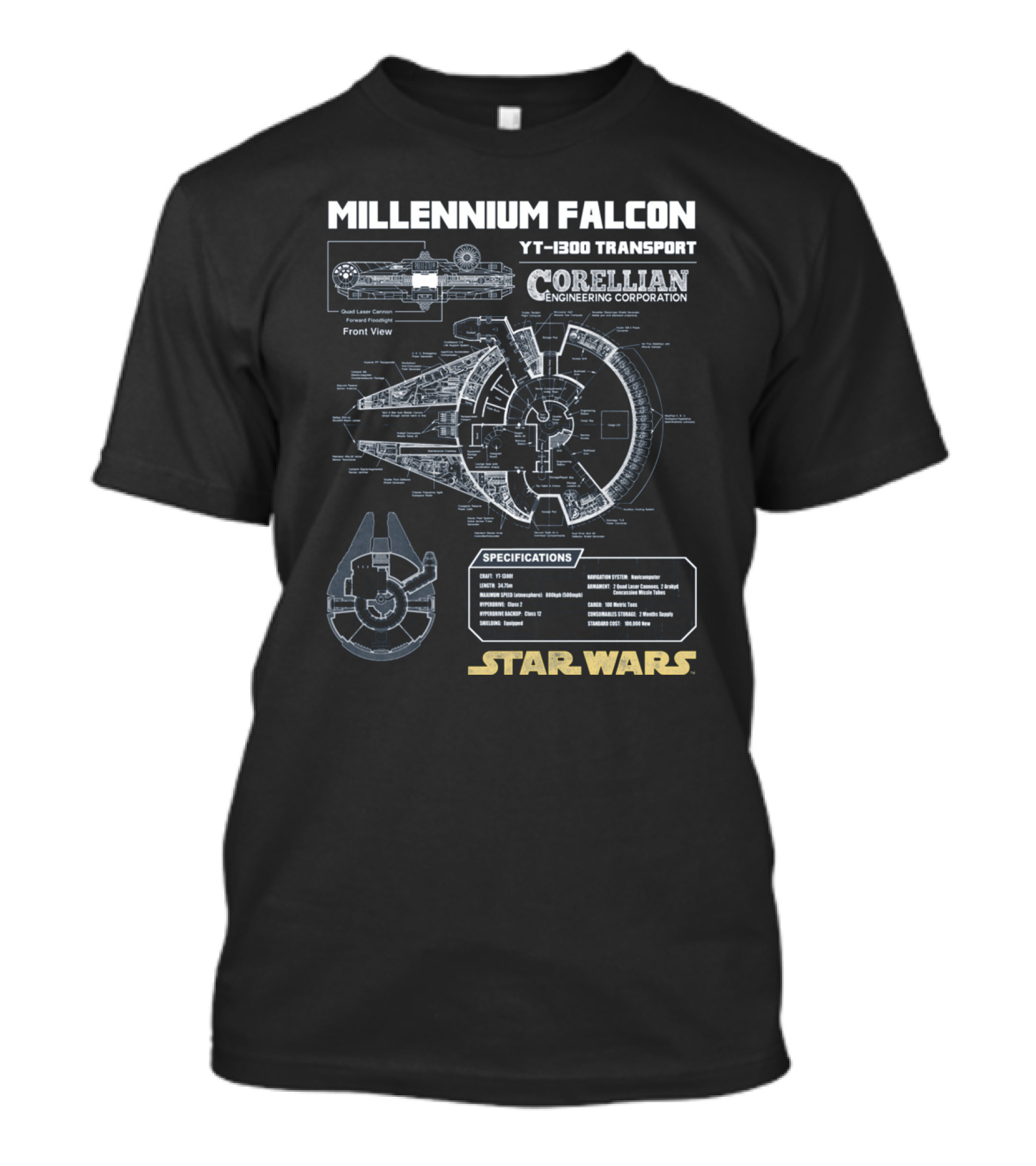 Millennium Falcon Yt-1300 Transport Corellian Engineering Corporation Specifications Star Wars T-Shirt