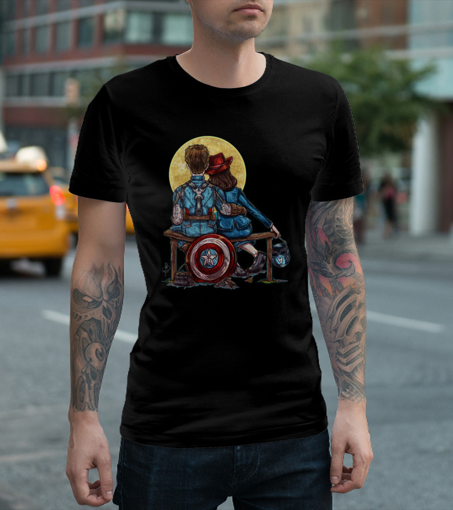 MARVEL CAPTAIN AMERICA MOONLIGHT BENCH SCENE WITH SHIELD AND HELMET T-Shirt