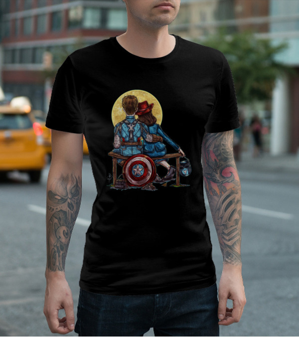 MARVEL CAPTAIN AMERICA MOONLIGHT BENCH SCENE WITH SHIELD AND HELMET T-Shirt