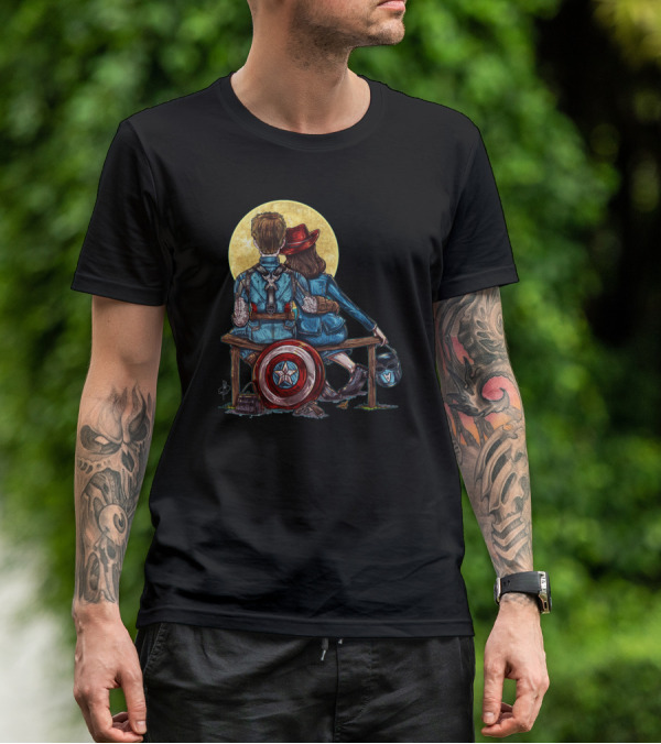 MARVEL CAPTAIN AMERICA MOONLIGHT BENCH SCENE WITH SHIELD AND HELMET T-Shirt