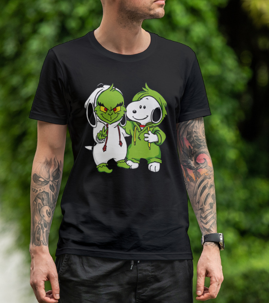 Grinch And Snoopy Christmas Crossover Characters In Festive Hoodies T-Shirt