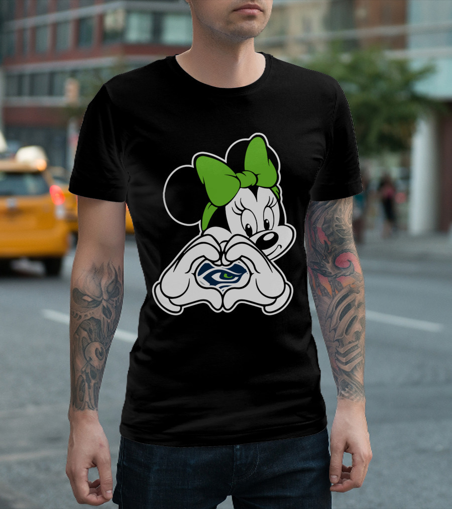 Seattle Seahawks Minnie Mouse Heart Hands Green Bow T-Shirt