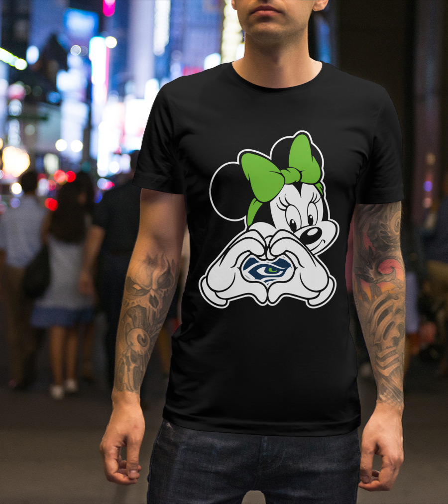 Seattle Seahawks Minnie Mouse Heart Hands Green Bow T-Shirt
